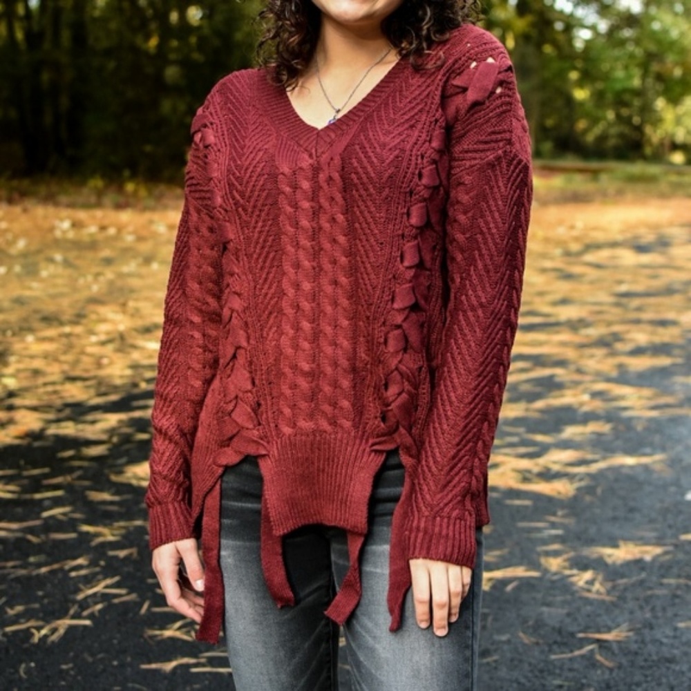 Vikki Cable Knit Tie Sweater (Burgundy)